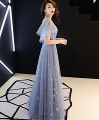 Gray blue v neck tulle long prom dress, tulle bridesmaid dress