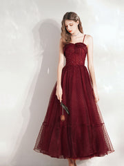 Burgundy tulle tea length prom dress, burgundy evening dress