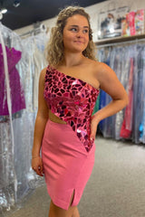 Red Cut Glass Mirror One-Shoulder Cutout Short Party Dress