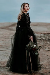 Appliqued A-Line Lace Black Wedding Dress Bridal Gown TD0004