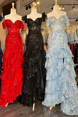 Red Sequin-Embroidery Off-the-Shoulder Tiered Long Prom Dress with Slit
