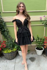Pink Off-the-Shoulder Bow Tiered Short Homecoming Dress with Ruffles