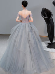 Gray sweetheart neck tulle long prom dress, gray evening dress
