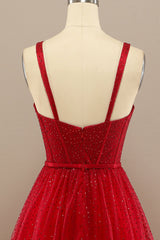 Red A Line Sweetheart Tulle Long Prom Dress with Beading Sparkly