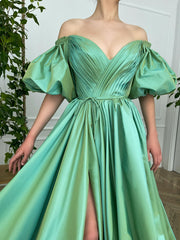 Simple  green satin v neck long prom dress, green evening dress