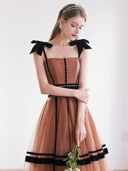 Elegant caramel color tulle long prom dress, tulle evening dress