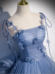 Blue tulle long prom dress, blue tulle formal dress