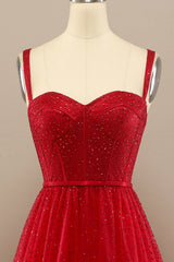 Red A Line Sweetheart Tulle Long Prom Dress with Beading Sparkly