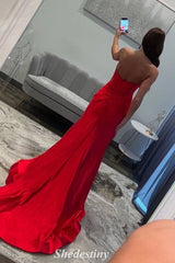 Keyhole Red Bow Strapless Mermaid Prom Dress with Slit