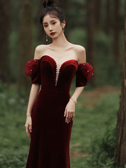 Wine Red Off Shoulder Velvet Mermaid Wedding Party Dress, Wine Red Long Prom Dress