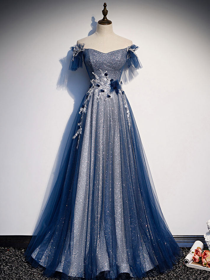 Blue tulle lace long prom dress, blue tulle lace bridesmaid dress