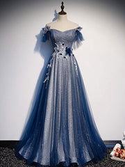 Blue tulle lace long prom dress, blue tulle lace bridesmaid dress