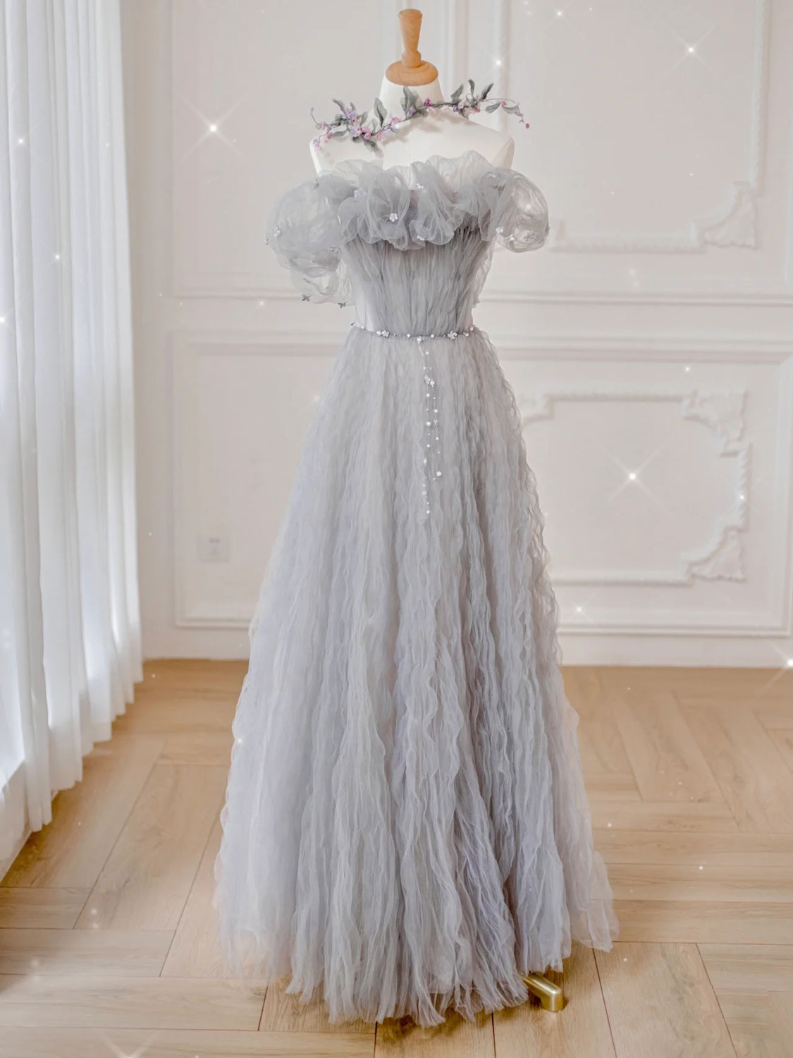Gray tulle off shoulder long prom dress, gray evening dress