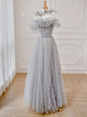 Gray tulle off shoulder long prom dress, gray evening dress