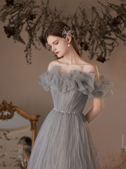 Gray tulle off shoulder long prom dress, gray tulle evening dress