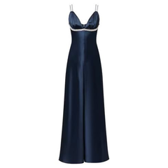 Dark Navy Straps A-Line Satin Long Party Dress Formal Evening Dress, HZ0319