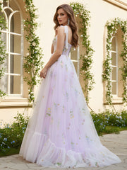 A-Line Sweetheart Neck Applique Sweep Train Gown Lilac