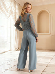 High-Neck Lace Bodice Jumpsuit with Puff Sleeves Steel Grey