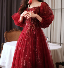 Wine Red Puffy Sleeves Tulle Long Party Dress, A-line Wine Red Floor Length Prom Dress