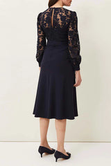Round neck lace long sleeved set tea length mother of the bride dress