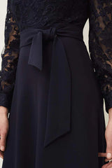 Round neck lace long sleeved set tea length mother of the bride dress
