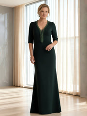 V-Neck Beaded Trim Formal Gown with Elbow Sleeves Dark Green