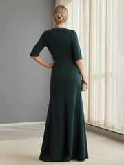 V-Neck Beaded Trim Formal Gown with Elbow Sleeves Dark Green