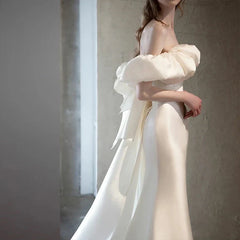 Mermaid Off Shoulder Simple Wedding Dress White Satin Long Prom Dress