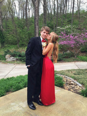 Custom Made A Line V Neck Red Backless Prom Dress, Red Backless Formal Dress, Graduation Dress