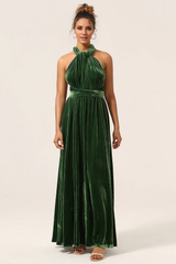 A Line V Neck Covertible Wear Velvet Long Bridesmaid Dress