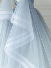 Blue v neck tulle beads short prom dress, blue tulle formal dress