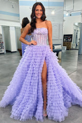 Tiered Light Blue Strapless A-Line Prom Dress with Slit