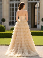 Sweetheart Neck Sequins Ball Gown Tiered Tulle Dress Champagne