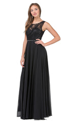 Lace-Bodice Long Chiffon Illusion-Neck Prom Dress