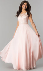 Lace-Bodice Long Chiffon Illusion-Neck Prom Dress