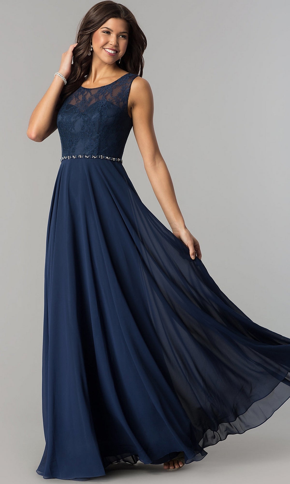 Lace-Bodice Long Chiffon Illusion-Neck Prom Dress