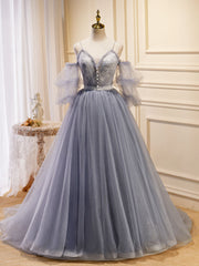 A-Line V Neck Tulle Lace Gray Blue Long Prom Dress, Formal Graduation Dress