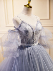 A-Line V Neck Tulle Lace Gray Blue Long Prom Dress, Formal Graduation Dress