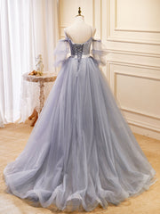 A-Line V Neck Tulle Lace Gray Blue Long Prom Dress, Formal Graduation Dress
