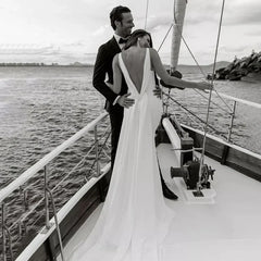 White Detachable Drape Back V-neck Trumpet Satin Wedding Dresses