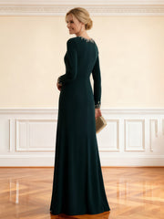 Long Sleeve Fitted Evening Gown with Beaded Cuffs Dark Green