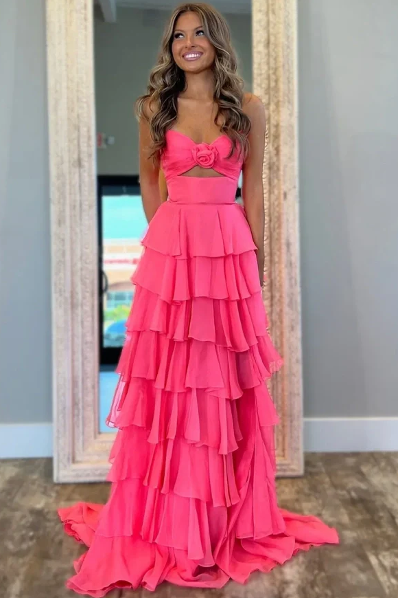A-Line Strapless V-Neck Layered Chiffon Sleeveless Formal Prom Dress