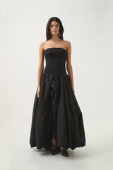 Pretty Ball Gown Strapless Black Satin Long Prom Dresses With Ruffles Evening Dress HZ1024