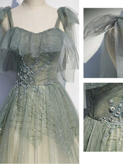 Gray green tulle long prom dress A line tulle formal dress