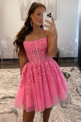 Hot Pink Tulle Strapless A-Line Short Gown with Appliques