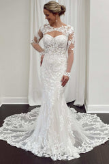 White Lace Cutout Long Sleeves Trumpet Bridal Gown