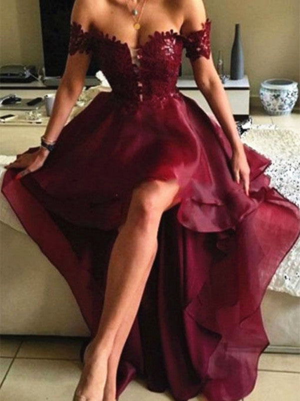 Off Shoulder High Low Organza Backless Maroon Lace Prom Dress, High Low Formal Dress, Maroon Lace Graduation Dress, Maroon High Low Homecoming Dress