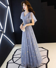 Gray blue v neck tulle long prom dress, tulle bridesmaid dress
