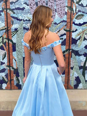 Satin Off the Shoulder 3D Appliques Blue Beading Prom Dress