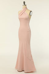 Blush Chiffon Cross-Front Backless Long Bridesmaid Dress